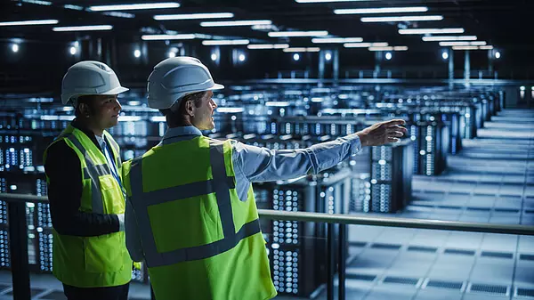 IT specialists in a data centre reviewing systems