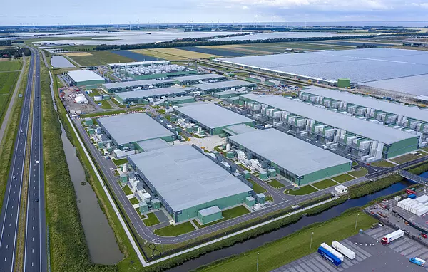 Aerial drone view of modern data centres