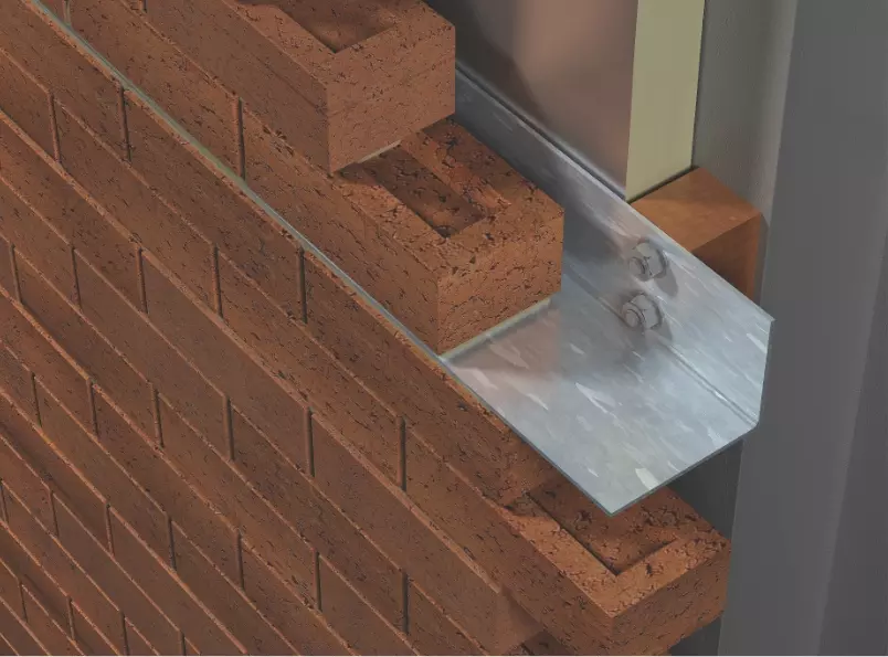 Close-up 3D rendering of a brick façade with a metal shelf angle support bracket bolted to a structural wall behind the brick.