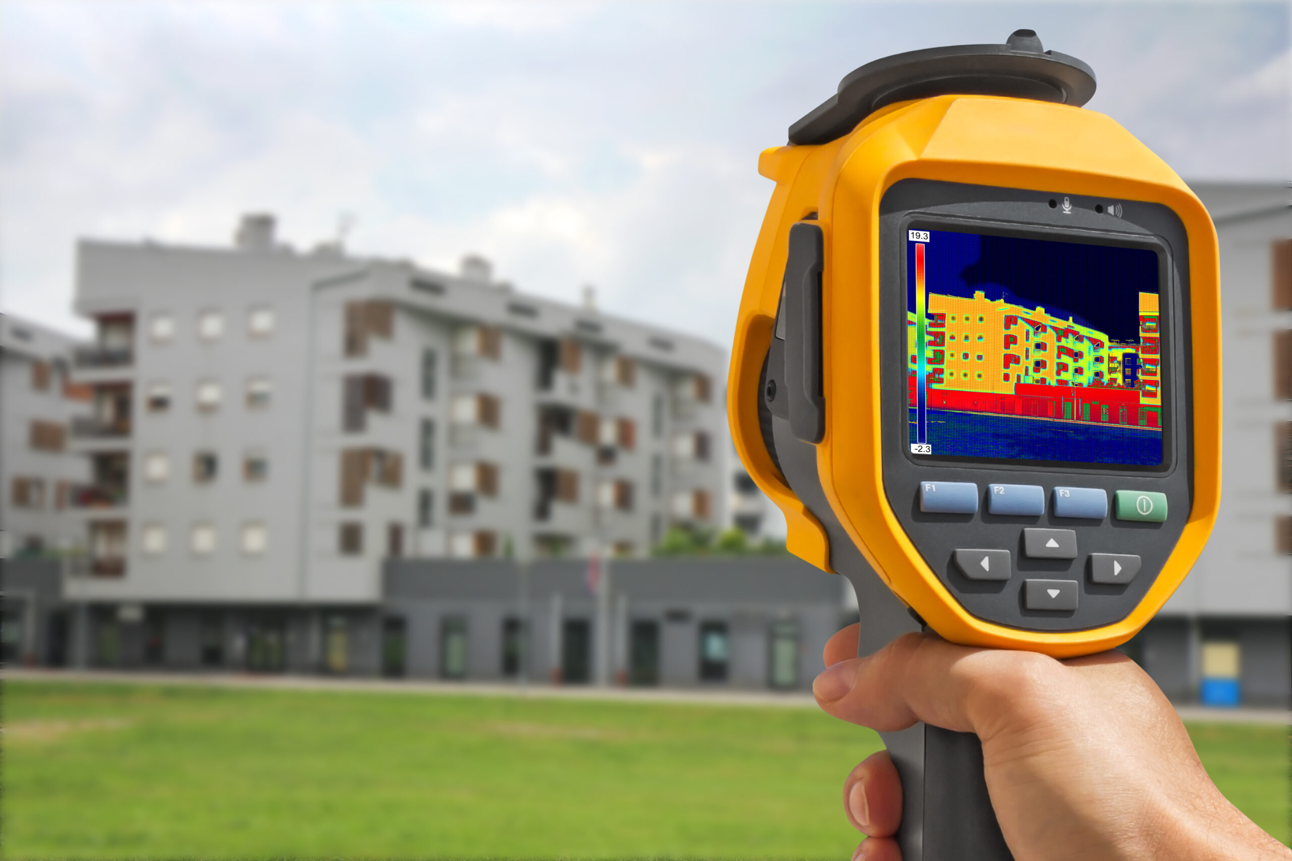 Thermal imaging camera assessing heat loss in a residential building to evaluate insulation performance and identify thermal bridging