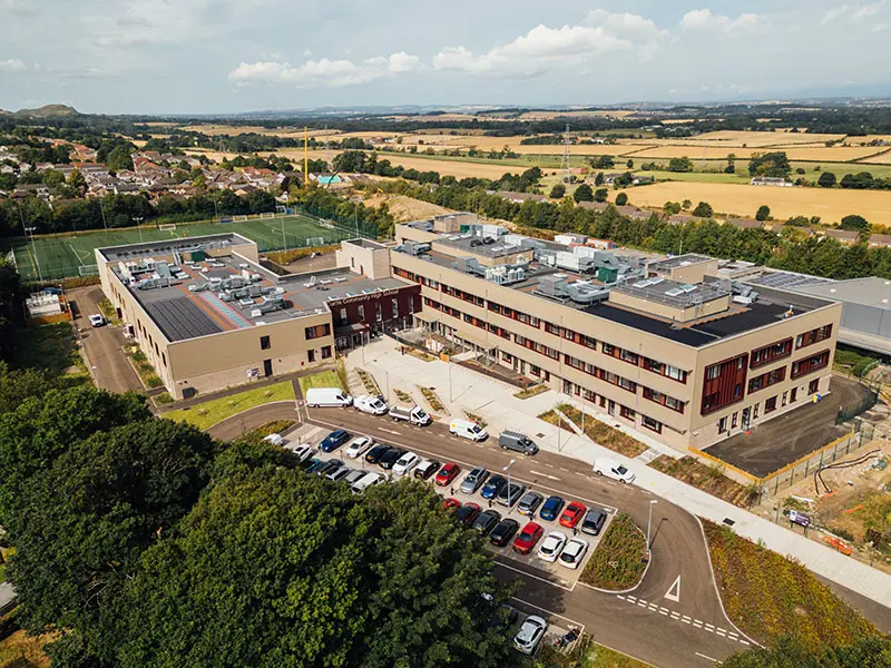 Aerial view of Currie Community High School in Edinburgh, where Armatherm 500 was used to improve energy efficiency and support Passivhaus school design
