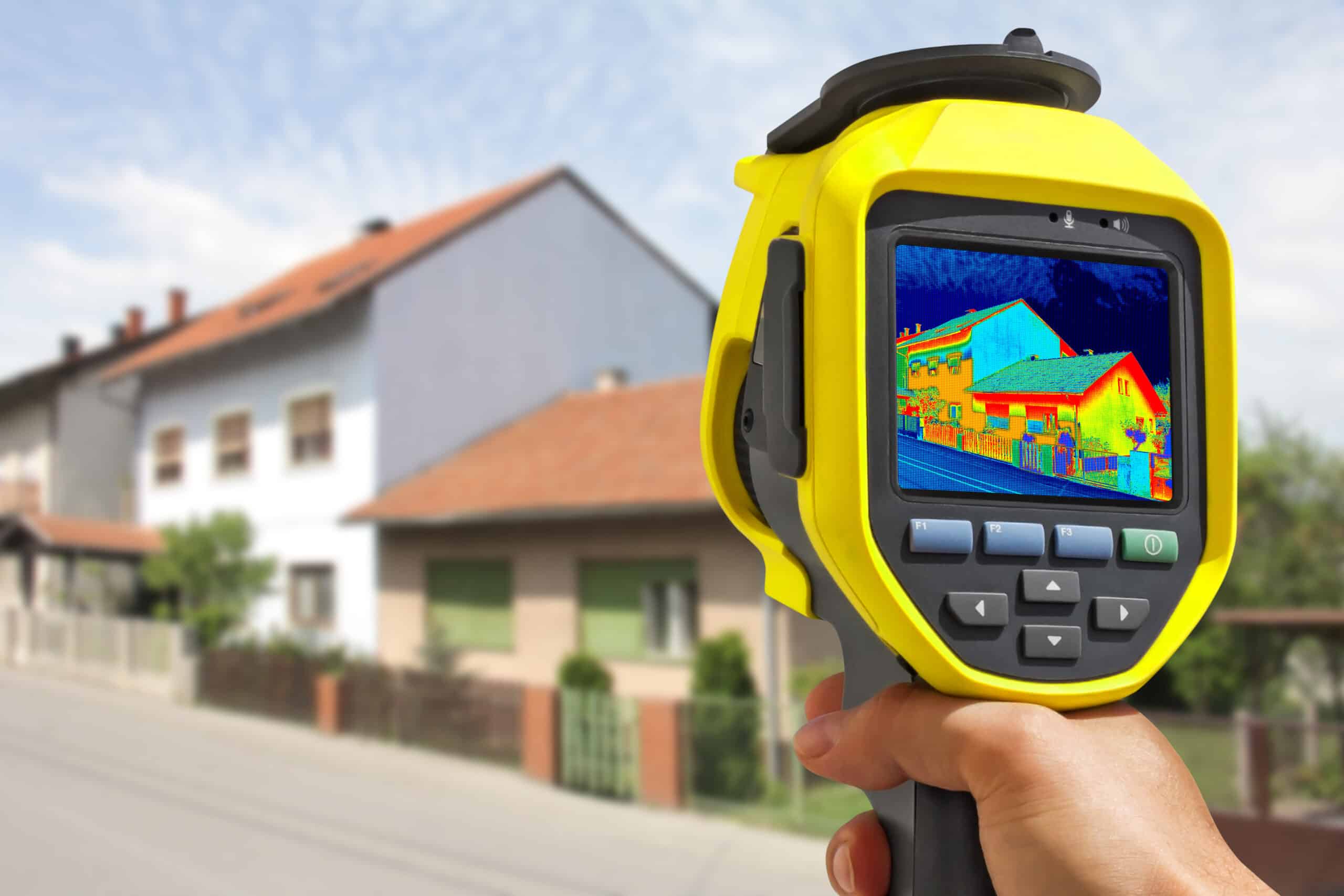 Thermal imaging camera pointed at residential buildings showing heat loss patterns to identify thermal bridging and envelope performance issues