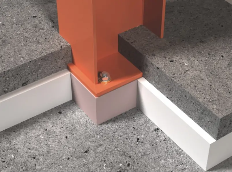 Column base installation with visible thermal break detail