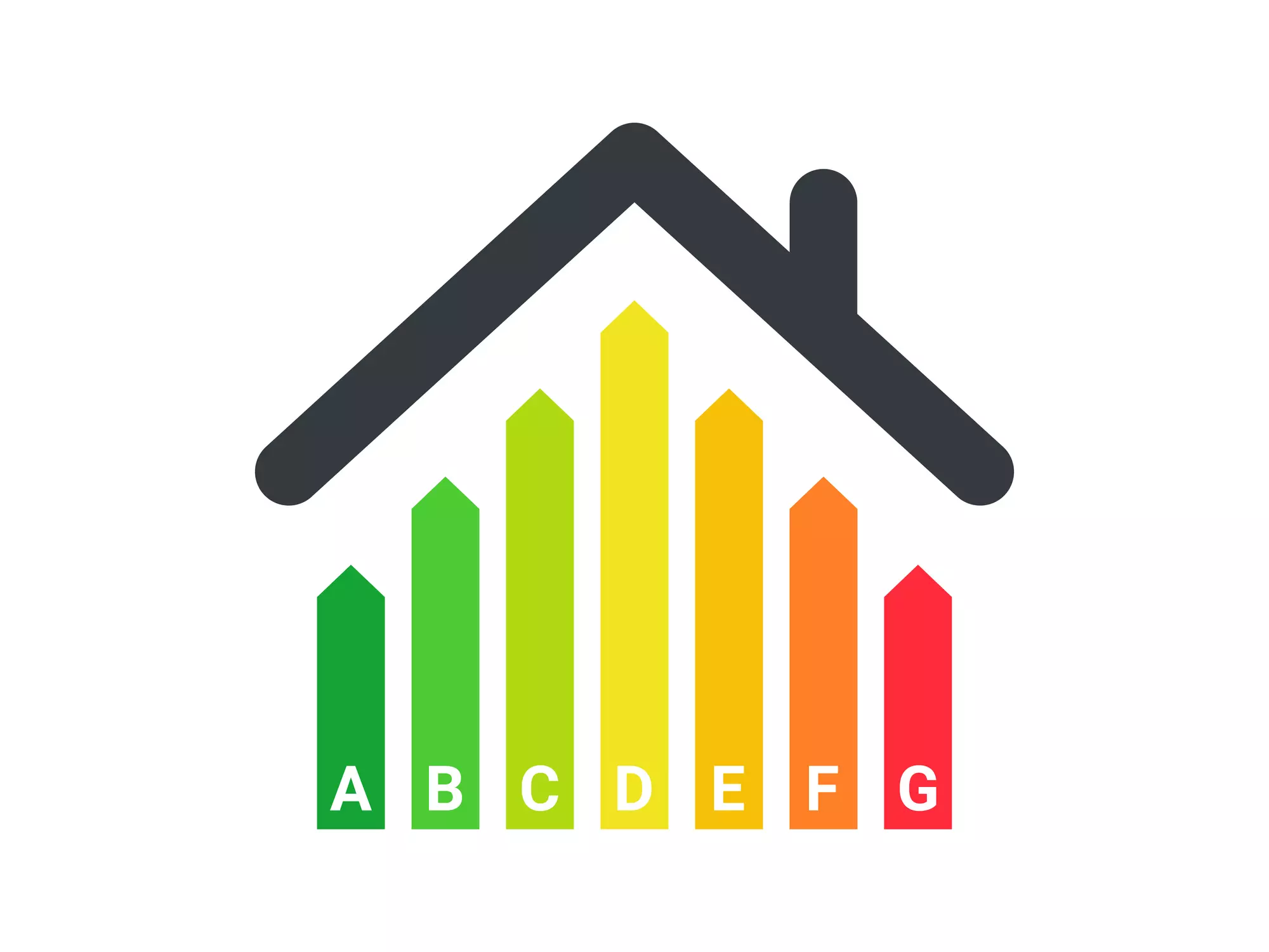 Energy efficiency rating illustration with house roof silhouette above colored bars labelled A to G.