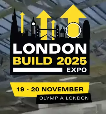 Graphic for London Build Expo 2025, held at Olympia London from 19–20 November, featuring skyline and construction-themed arrows.