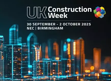 UK Construction Week 2025 event graphic showing futuristic cityscape, scheduled from 30 September to 2 October at NEC Birmingham.